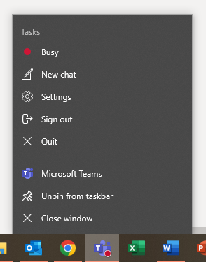 Teams taskbar menu