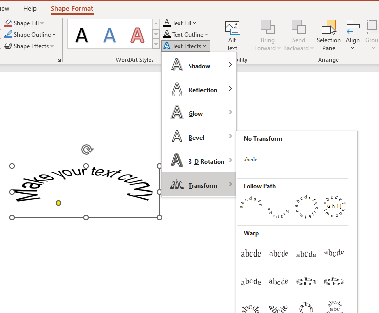 Curving text in PowerPoint