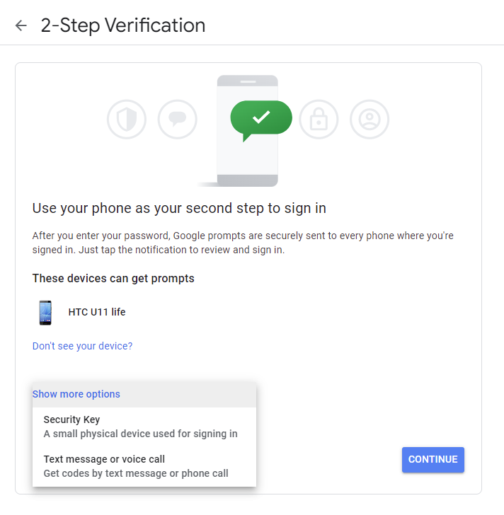 Google Account 2 step verification options