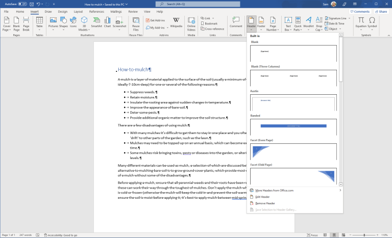 Insert header in Word