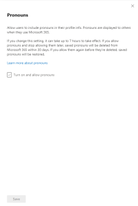 A screenshot of the microsoft admin portal showing where to tick to turn pronouns on for M365