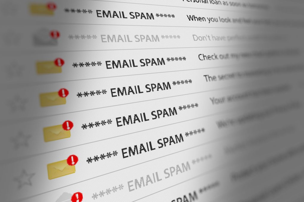 A list of emails on a computer all marked as Email Spam