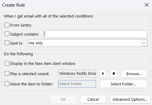 A screenshot showing how to set up an outlook rule for a plus email address