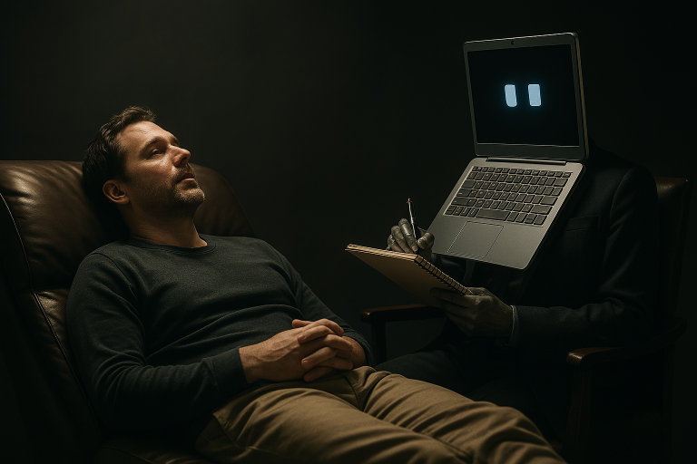 human laying on a psychologists couch with a computer taking notes
