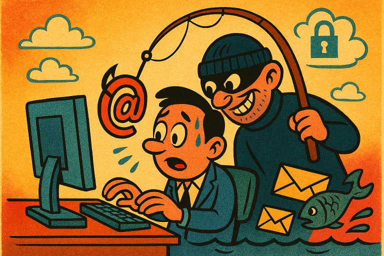 A vintage-style cartoon showing a person sitting at a retro computer while a sneaky burglar stands behind them, using a fishing rod to hook an email envelope icon from the screen. The scene is colourful and playful, with bold outlines and a humorous, exaggerated style