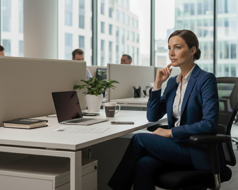 woman at a desk in an office debating a decision