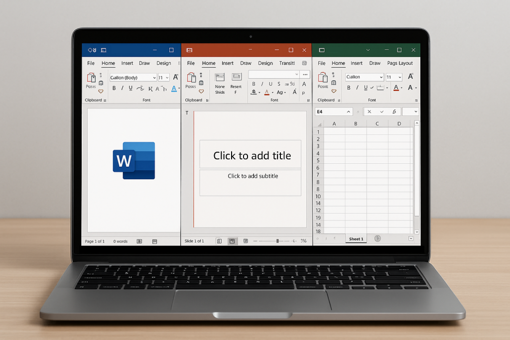 A laptop with microsoft word, powerpoint and excel open