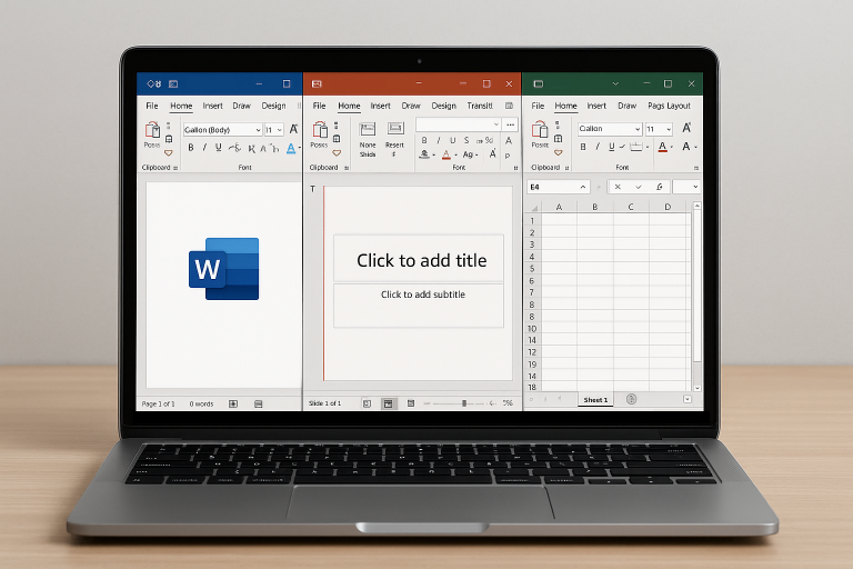 A laptop with microsoft word, powerpoint and excel open
