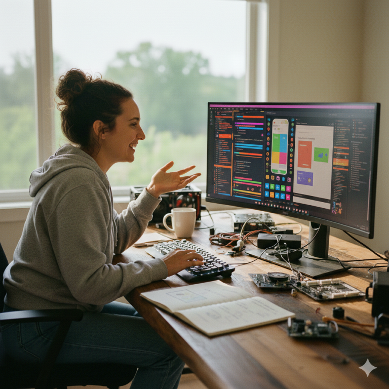 Woman working happily on an app at her desk