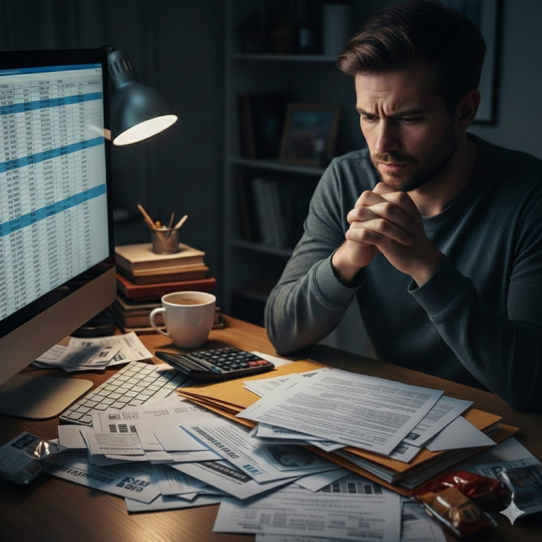 Man with bills next to their computer