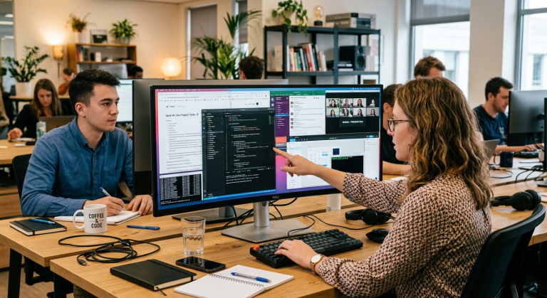 An ultrawide computer monitor sits on a light wood desk in a bustling, modern open-office environment. The screen is filled with a complex multi-tasking layout, including a code editor with dark mode syntax highlighting, a video conference call with several participants, a text document, and a messaging app.