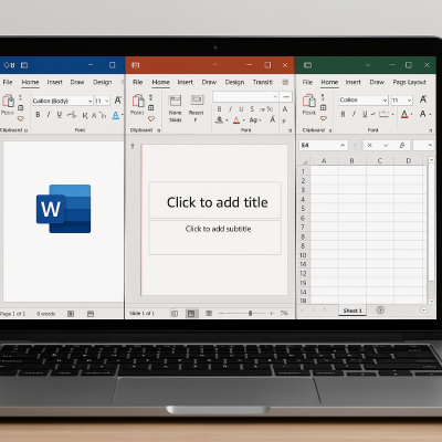 A laptop with microsoft word, powerpoint and excel open