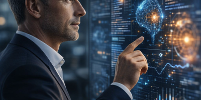 Business leader looking at a digital board
