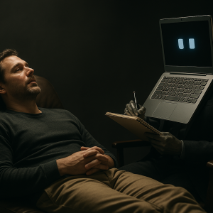 human laying on a psychologists couch with a computer taking notes