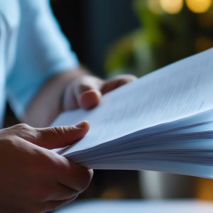 A consultant s hand turning the pages of a project analysis report during a client meeting, project analysis review, business consulting