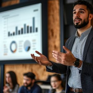 An entrepreneur presenting a pitch deck with floating digital charts.