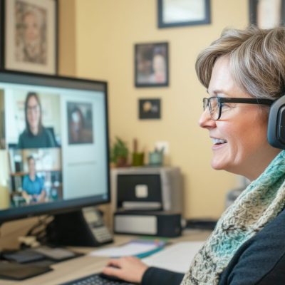 Smiling professor wearing headphones attending an online class using video conference software