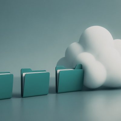 Cloud Storage and Data: Representing a secure and interconnected system where data resides, where virtual folders symbolize files in the digital realm, a cloud shape implies cloud computing.