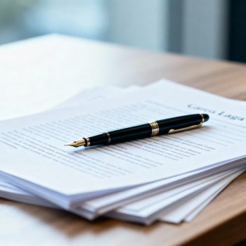 Legal Documents Stack with Pen on Wooden Desk, Contract Paperwork for Business and Finance