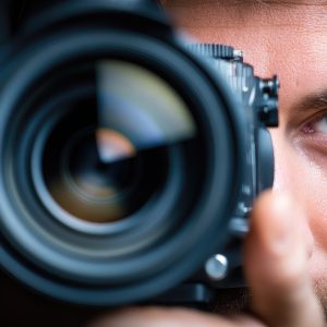 Close up of male filmmaker eye looking through camera lens, focusing intently, sharp detail dramatic lighting, capturing creativity concentration