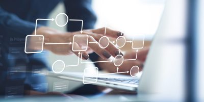 Business process, workflow automation with flowchart. Document management system framework, Enterprise content management, Working on laptop managing file data, workflow for business development