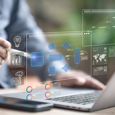 Business management strategy uses ai software automation technology. Work efficiency performance system improves resource planning. Workflow integration shows datum graph