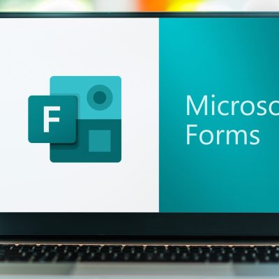 POZNAN, POL - JUL 3, 2021: Laptop computer displaying logo of Microsoft Forms, an online survey creator, part of Office 365