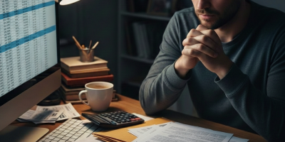 Man with bills next to their computer