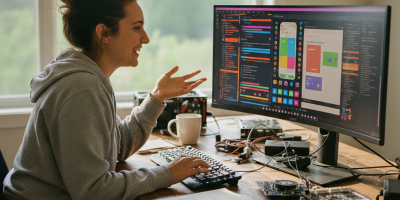 Woman working happily on an app at her desk