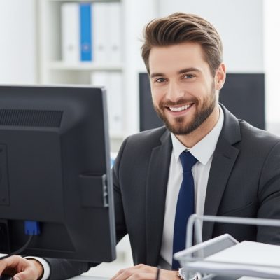 It Professional sitting at desk in bright modern office