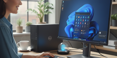 A woman sits at a wooden desk in a bright, modern home office, smiling as she interacts with a Dell desktop compute
