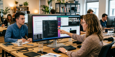 An ultrawide computer monitor sits on a light wood desk in a bustling, modern open-office environment. The screen is filled with a complex multi-tasking layout, including a code editor with dark mode syntax highlighting, a video conference call with several participants, a text document, and a messaging app.