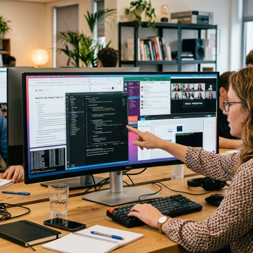 An ultrawide computer monitor sits on a light wood desk in a bustling, modern open-office environment. The screen is filled with a complex multi-tasking layout, including a code editor with dark mode syntax highlighting, a video conference call with several participants, a text document, and a messaging app.
