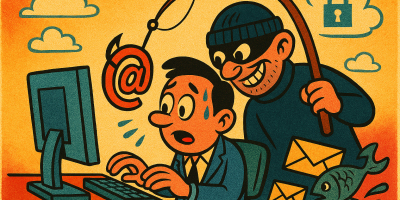 A vintage-style cartoon showing a person sitting at a retro computer while a sneaky burglar stands behind them, using a fishing rod to hook an email envelope icon from the screen. The scene is colourful and playful, with bold outlines and a humorous, exaggerated style
