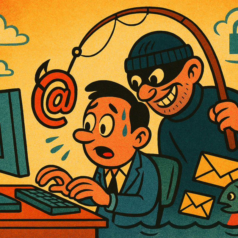A vintage-style cartoon showing a person sitting at a retro computer while a sneaky burglar stands behind them, using a fishing rod to hook an email envelope icon from the screen. The scene is colourful and playful, with bold outlines and a humorous, exaggerated style