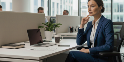 woman at a desk in an office debating a decision